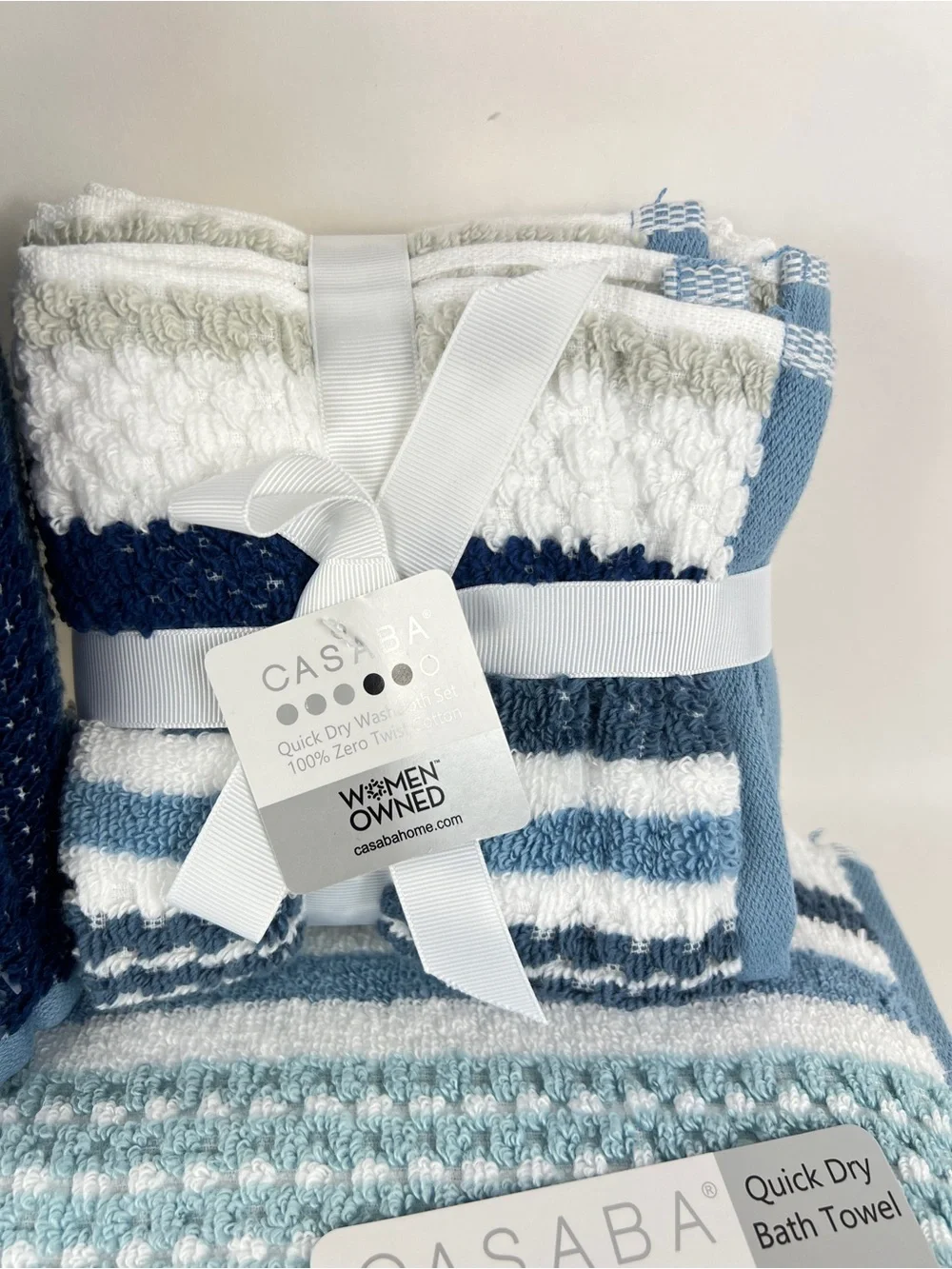 Casaba 8 Pc Bath Towel Set Blue White Taupe Striped Super Soft Cotton Blend NEW